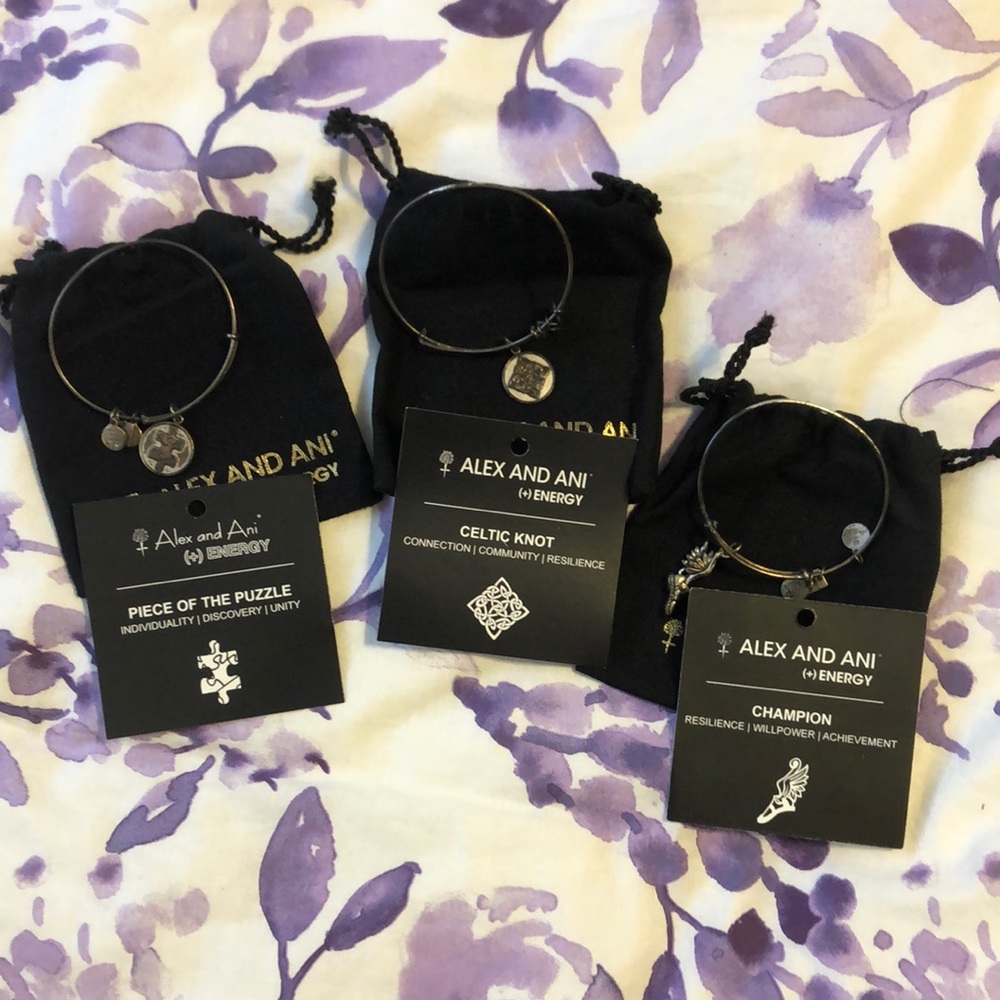 3 silver Alex and Ani bracelets- puzzle piece, Celtic knot, champion